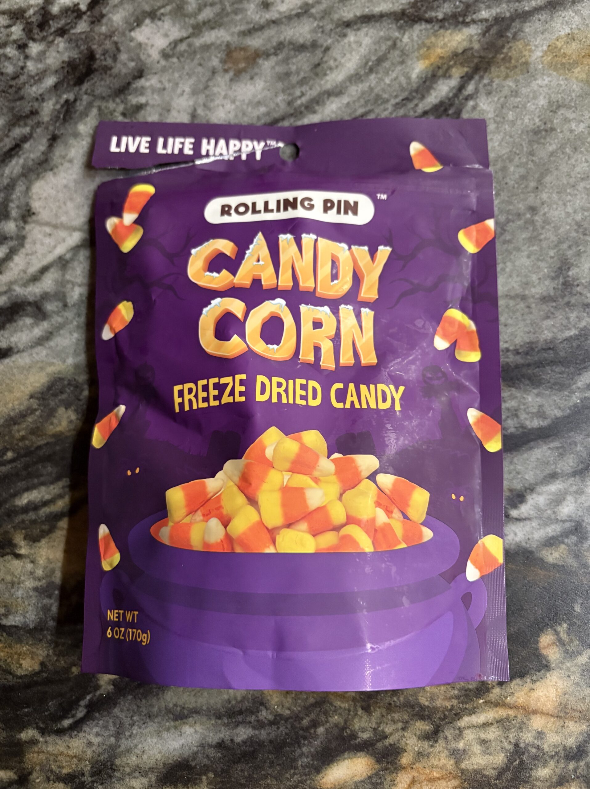 Open bag of freeze-dried candy corn